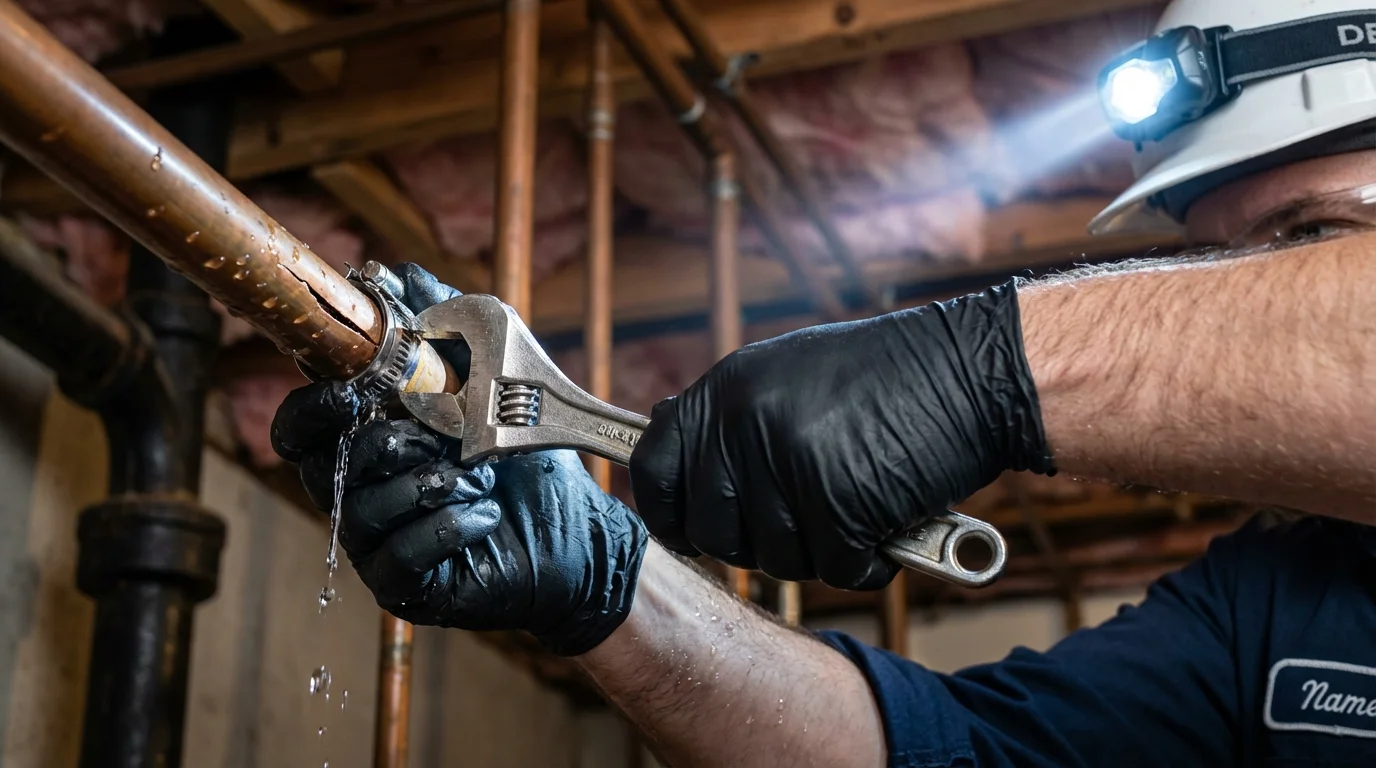 Emergency pipe clamp repair being performed by a Johns Plumbing LLC plumber in Saint Robert