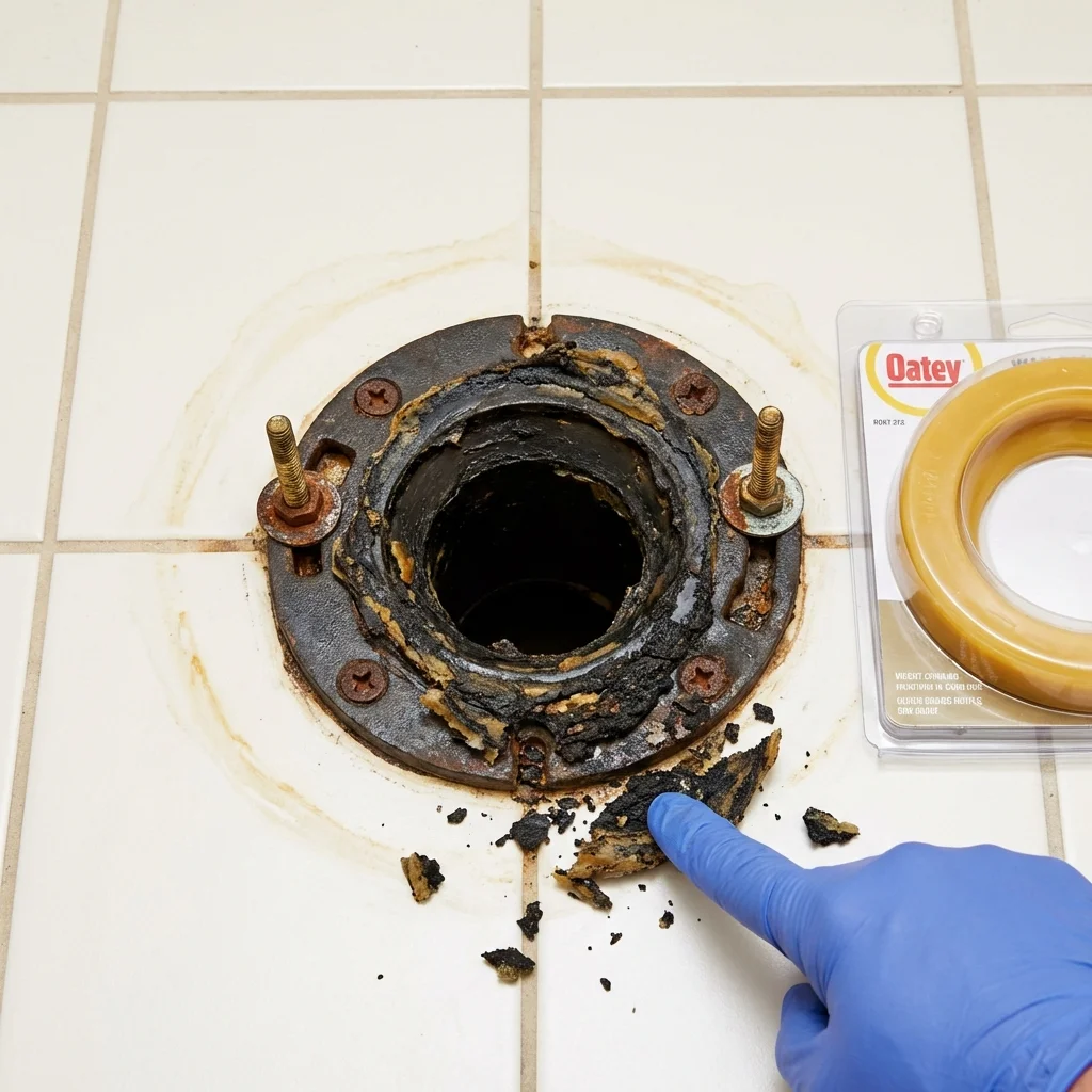 Failed wax ring showing water seepage at the base of a toilet in a Saint Robert, MO home