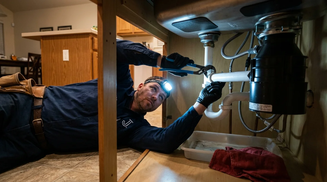 P-trap and supply line connections under a kitchen sink showing a common leak point in Saint Robert, MO